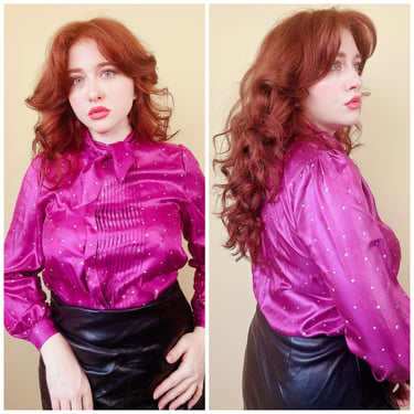 1980s Hanae Mori Tops Silky Blouse / 80s Magenta Pleated Ascot Star Print Butt Up Shirt / Small - Medium 
