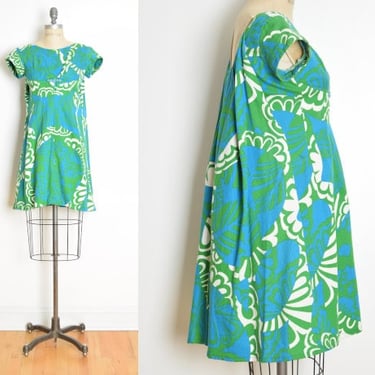 vintage 60s dress blue hawaiian print watteau train babydoll psychedelic S clothing 
