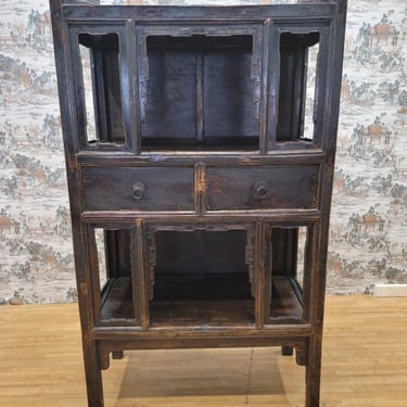 Antique Shanxi Province Brown Black Lacquered Elmwood Bookcase