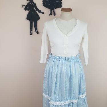 Vintage 1960's Western Skirt / 70s Blue Eyelet Skirt L 