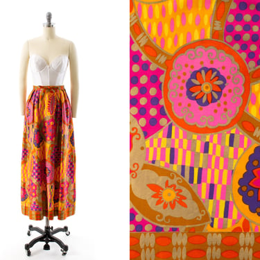 Vintage 1960s Maxi Skirt | 60s ALEX COLMAN Metallic Psychedelic Bright Floral Geometric Cotton High Waisted Full Skirt (small) 