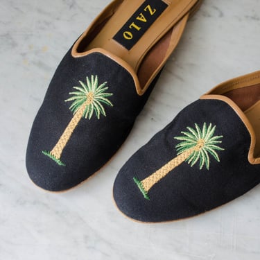 Zalo tapestry mules | 90s y2k vintage embroidered needlepoint black palm tree leather mules | US size 6.5 