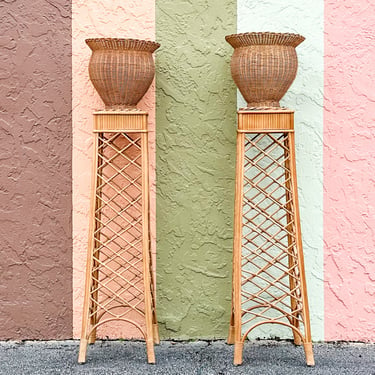 Pair of Wicker Urn Pedestal Plant Stands