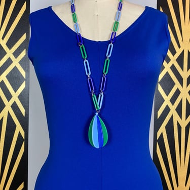 1960s necklace, mod jewelry, crown trifari, vintage necklace, blue and green, 60s plastic, long link necklace, retro, 1960s jewelry, twiggy 