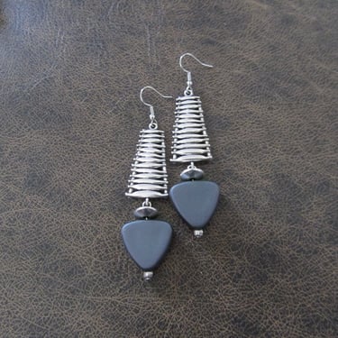 Silver statement earrings, chunky bold earrings, mid century earrings, gray triangle earrings, modern 