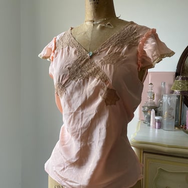 Vintage 1930’s ‘40s peach silk flutter sleeve top | flapper lingerie, vintage camisole, silk top, S 