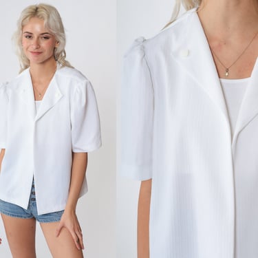 Puff Sleeve Top 70s White Blouse Open Front Shirt Retro Basic Simple Plain Minimal Short Sleeve Summer Jacket Vintage 1970s Extra Large xl 