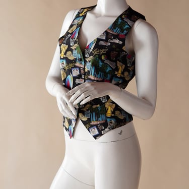 1995 Nicole Miller for Giorgio Beverly Hills silk novelty vest - designer waistcoat with vintage Los Angeles landmarks 