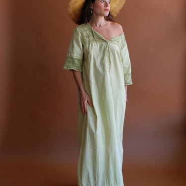 Vintage 10s 20s Avocado Crochet Cotton Dress/ Edwardian Nightgown/ Size Large XL 