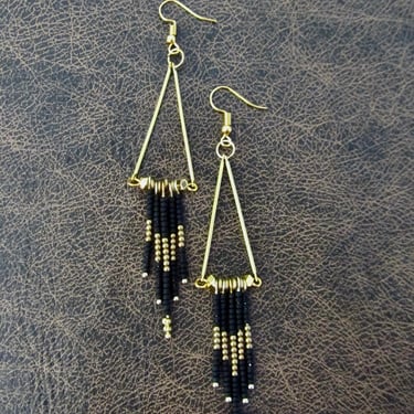 Black and gold long seed bead earrings 