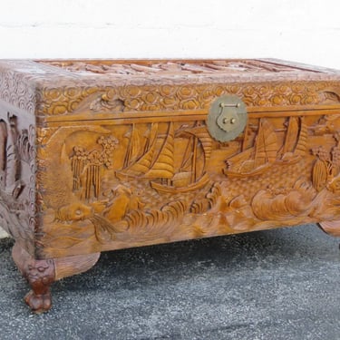 Late 19th Century Heavy Carved Asian Camphor Chest Blanket Trunk 5263