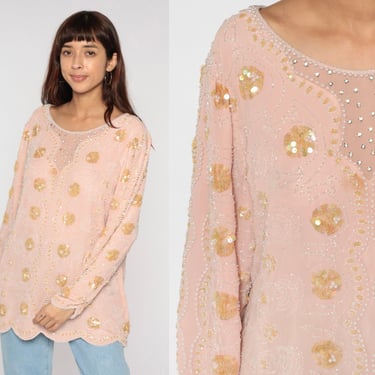 Beaded Blouse 90s Blush Pink Floral Shirt Long Sleeve Sequin Top Boho Sparkly Glam Hippie Formal Bohemian 1990s Vintage Large xl 16 