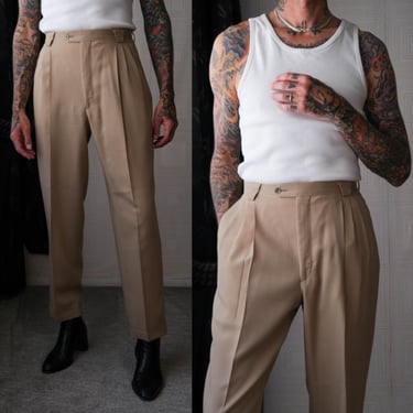 Vintage 90s LUCIANO CARRELI Tan Gabardine Triple Pleated Cuffed Slacks w/ Triangle Belt Loops | Made in Italy | 1990s Designer Mens Pants 