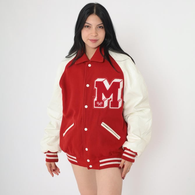 Red Wool Letterman Jacket Y2K Varsity Jacket Vinyl Sleeves