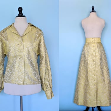 Vintage 60s Gold Brocade Skirt Set, 1960s Floor Length Skirt and Jacket Set 