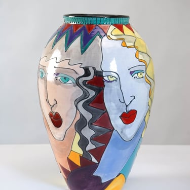 Vintage Post Modern Painted Face Vase Signed Foul '92 