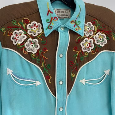 1950's Western Shirt - 2TONE Rayon Gabardine - Chain-Stitched Embroidery - Snap Buttons - Men's Size SMALL 