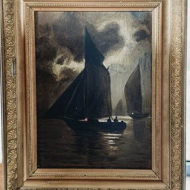 Antique Oil Painting, Sailboat at Sea 