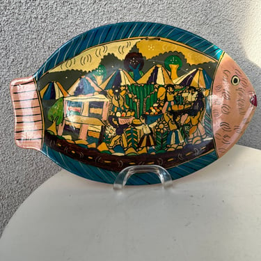 Vintage Mexican art pottery fish plate hand painted Village theme size 13.5” x 9 1/4” 