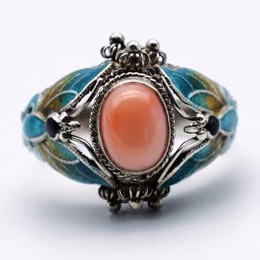 80's angel skin coral cloisonne sterling size 8.25 butterfly ring, ornate BJ 925 silver enamel statement 