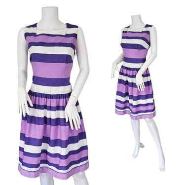 Unbranded 1960's Purple Striped Cotton Sleeveless Dress I Sz Med 