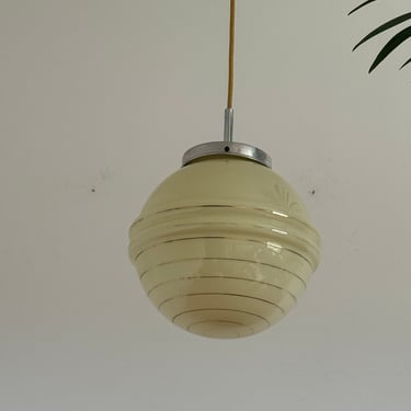 Vintage Beige Glass Pendant Light / Art Deco Green Globe / Retro Ceiling Lamp / Sphere Lamp / Glass Ball / Yugoslavia /  1950s 