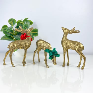 Vintage Brass Deer Trio Doe Buck Set Brass Stag Antlers Reindeer MCM Figurines Yule Altar Decor Cottage core Boho Classic Christmas 