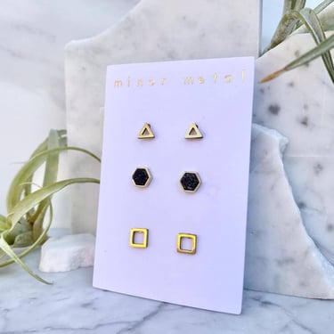 Black Druzy Stud Earring Set