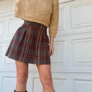 Vintage 60s 70s Wool Plaid Mini Skirt Brown Red XS 26 Waist by TimeBa