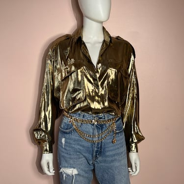 Vtg 80s Metallic Gold Lamé Button Down Blouse Helene Sidel 