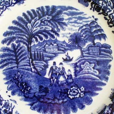 Antique flow blue transferware plate, English ironstone china Eton college dish. Scene w/ people & floral border. Vintage cottage decor 