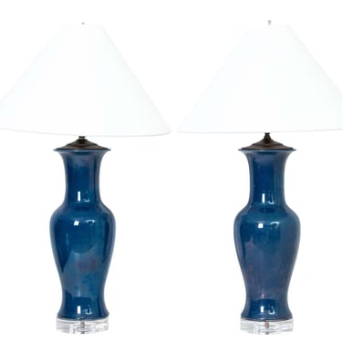 Pair Glazed Chinese Blue Lamps
