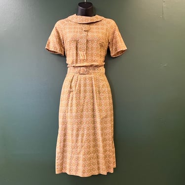 1950s floral day dress vintage tan and pink frock small 