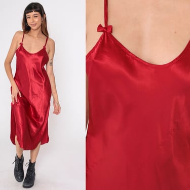 Vintage Red Satin Slip Dress Bow Spaghetti Strap Nightgown Slip Dress 90s Strappy Backless Side Slit Midi Lingerie Low Back 1990s Medium 8 