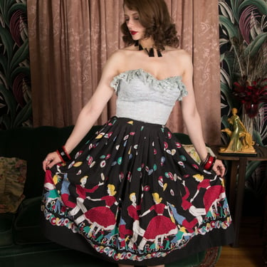 1950s Skirt - Bright Vintage 50s Novelty Border Print Skirt with Records and Teens Jiving at a Sock Hop Dance 