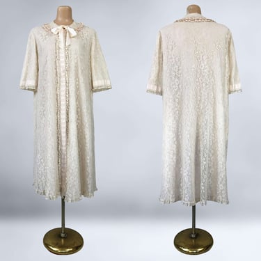 VINTAGE 50s Odette Barsa Antique Lace Robe House Dress | 1950s Dressing Gown Peignoir Lingerie | VFG 