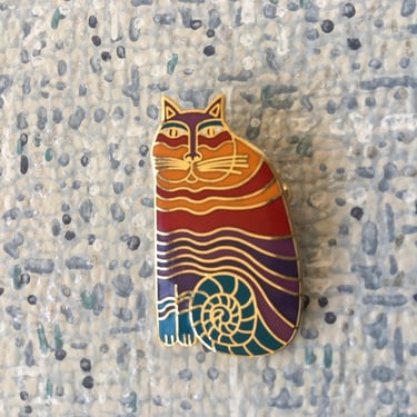 Vintage Laurel Burch Rainbow Cat Pin, Gold And MultiColored Small Whimsical Cat Brooch, Signed By Artist, Rainbow Cats 