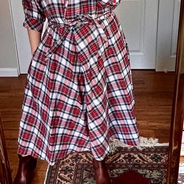 Plaid puff-sleeve midi shirt dress with pockets 