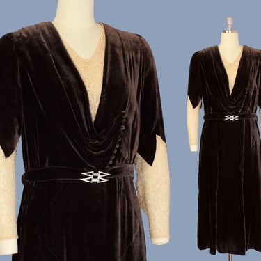 1930s Dress / 30s Silk Velvet and Lace Dress / Good Sleeves! / Art Deco 