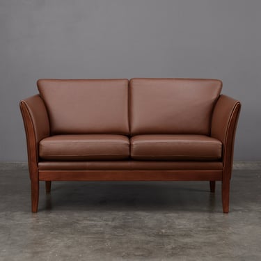 4.5ft Vintage Danish Modern Brown Leather Loveseat by Nielaus & Jeki 