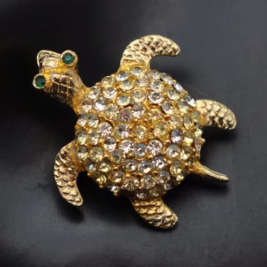 60's rhinestone gold filled sea turtle brooch, whimsical bedazzled 12k GF marine animal bling pin 