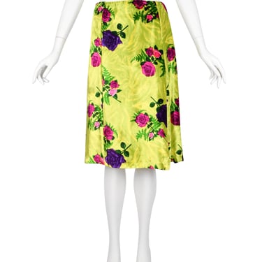 Dries Van Noten Vintage AW 1996 Purple and Pink Rose Print Chartreuse Velvet Skirt