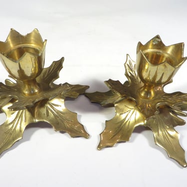 Vintage Brass Christmas Poinsettia Candle Holders - Holiday Christmas Candle Holders 