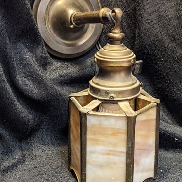 Antique Craftsman Brass and Slag Glass Sconce