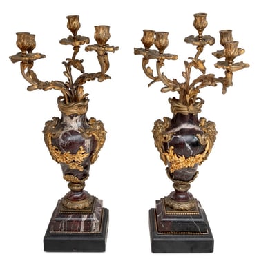 Pair of Louis XV Style Ormolu Mounted Marble Candelabras