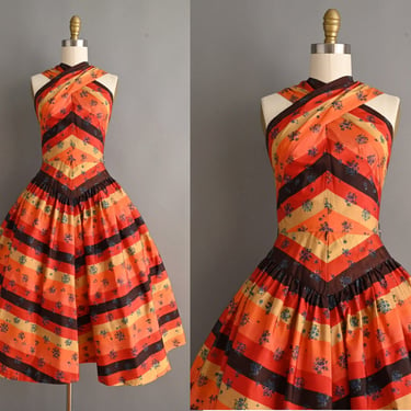 vintage 1950s Dress | Vintage Floral Chevron Stripe Full Skirt Party Dress | Small 