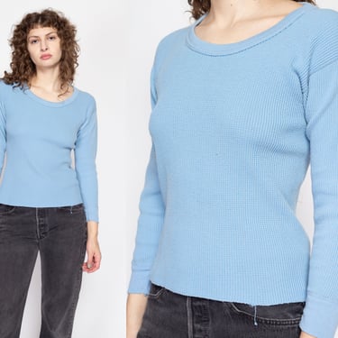 Medium 80s Baby Blue Waffle Knit Thermal Shirt | Vintage Plain Undershirt Long Sleeve Top 