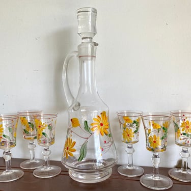 Romania Crystal Long Neck WINE DECANTER with Handle and 6 Cordial Stemware Glasses~ hand painted yellow Daisy flowers ~ Wine Decanter Set 
