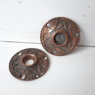 Two Design Geometric Checker Rosette Door Plates, Brass Escutcheons, Cast Bronze Rosettes, Architecture Salvage 012306 