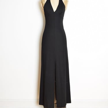 vintage 70s dress black knit deep V disco long maxi simple sundress XS clothing halter 